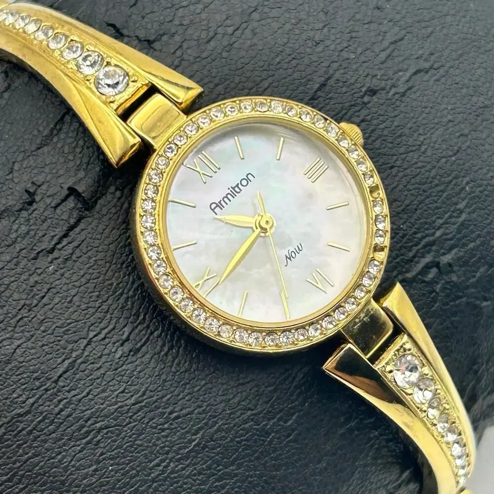 Armitron Now Gold Tone Crystal Bezel Mother Pearl Women’s Watch New Battery